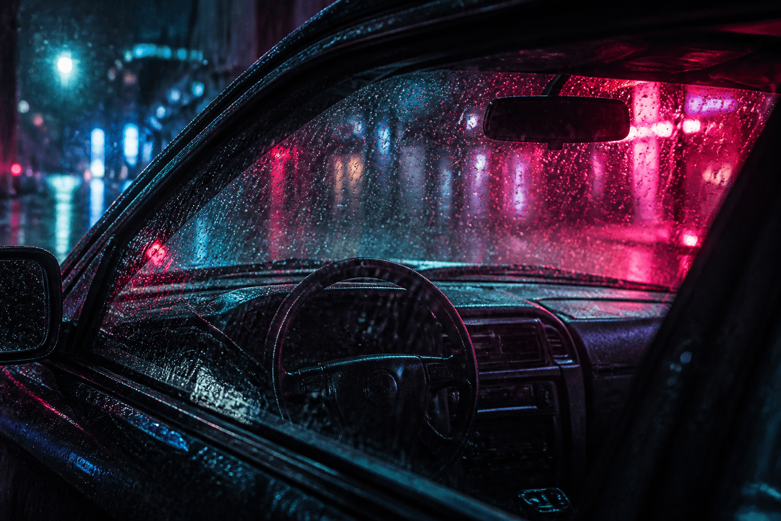 Neo-Noir Rain-Window Car Portrait Compiler 9:16 from a Lighting Brief with example still