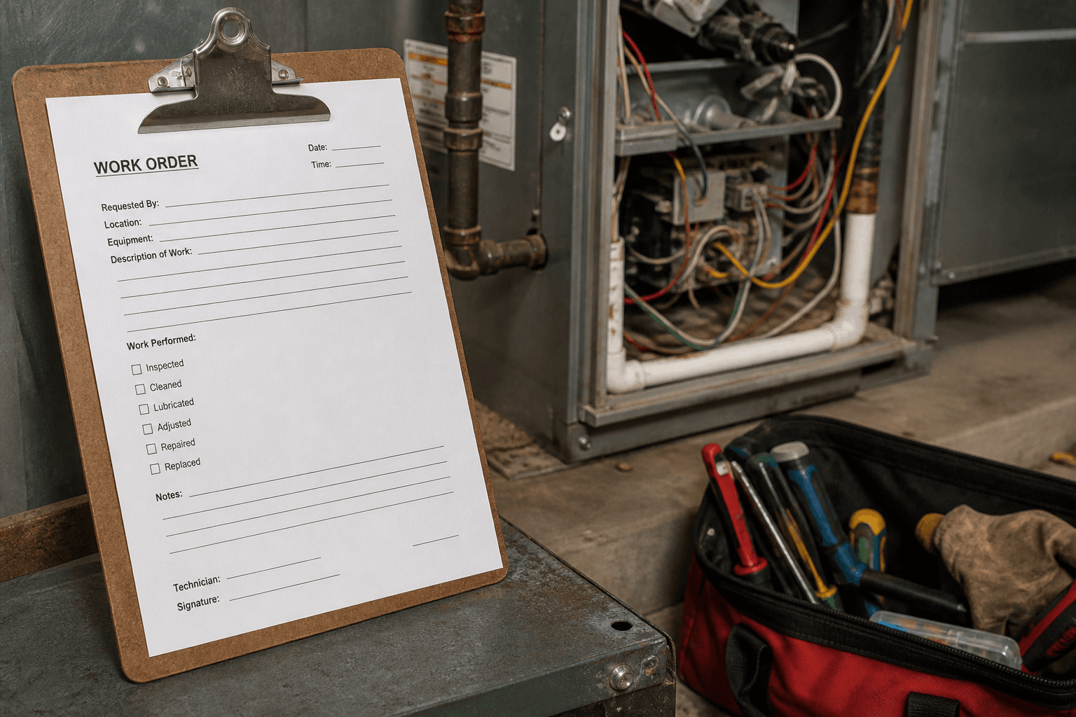 Facility Work-Order Ticket from Equipment Notes (No Invented Part Numbers)