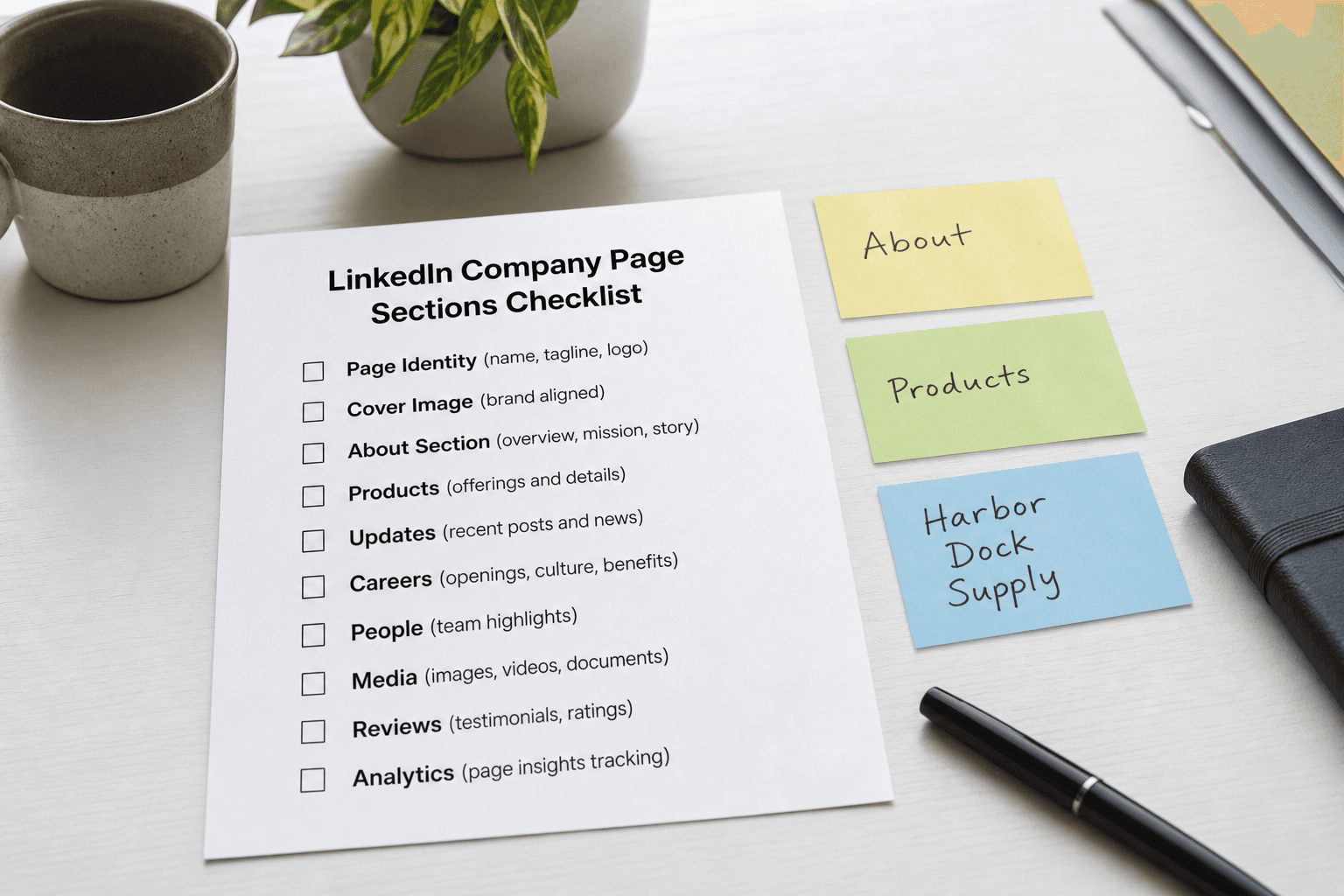 LinkedIn Company Page Sections Checklist from Brand Brief (Not Captions)