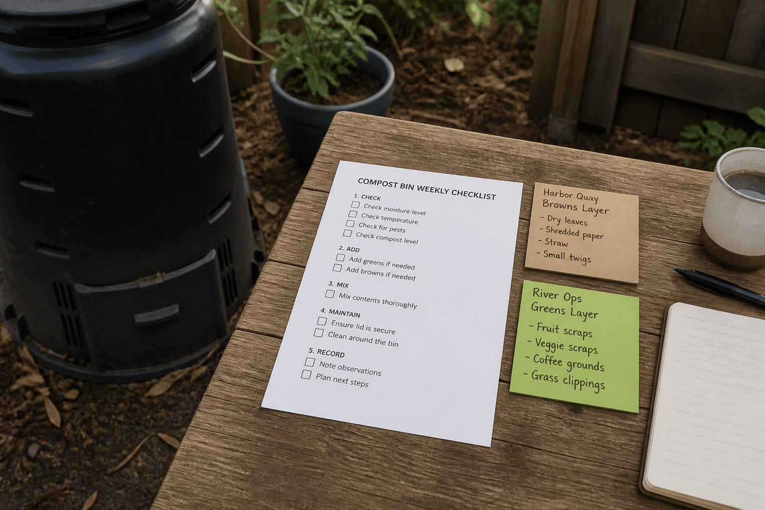 Compost Bin Weekly Checklist from Material Inventory (Not Agricultural Advice)