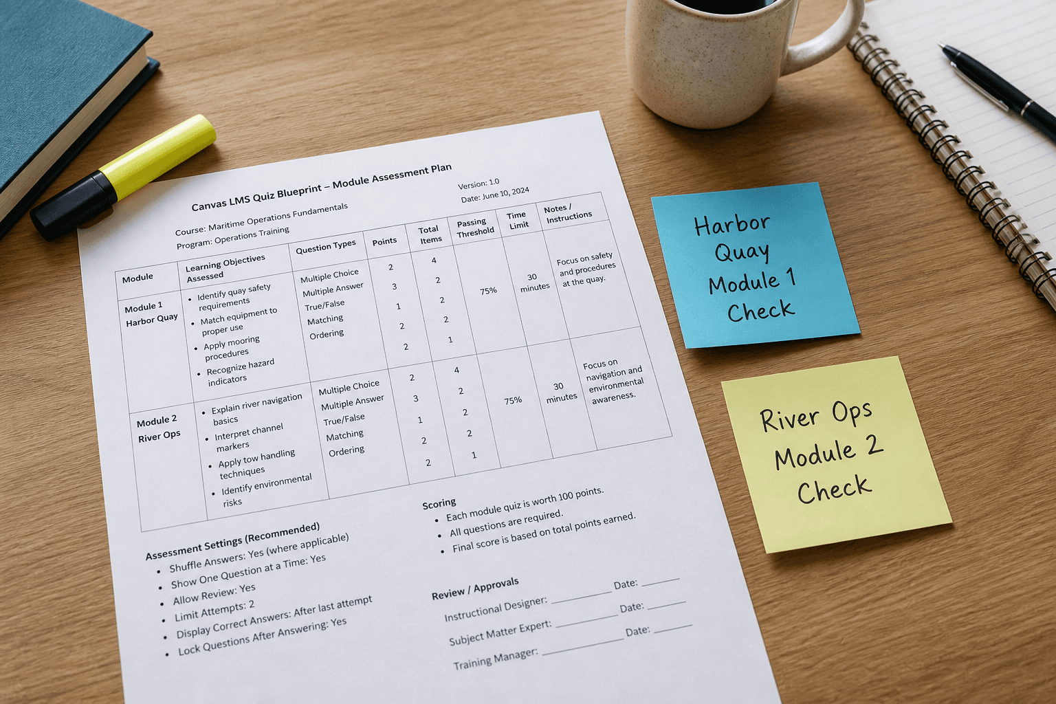 Canvas LMS Quiz Blueprint from Outcome Inventory (No Invented Grades)
