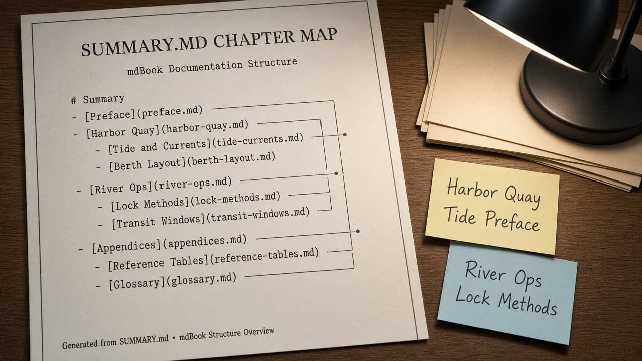 mdBook SUMMARY.md Chapter Map from Book Inventory (No Invented Word Counts)