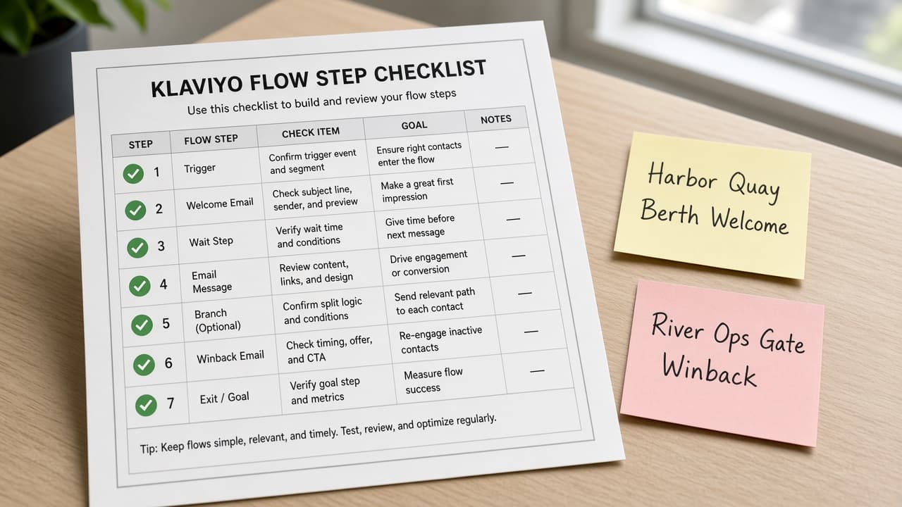 Klaviyo Flow Step Checklist from Flow Inventory (No Invented Open Rates)