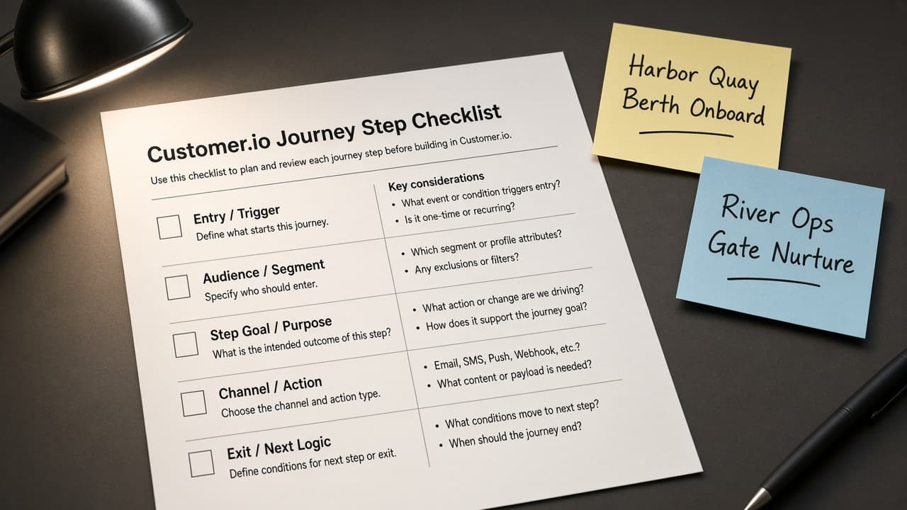 Customer.io Journey Step Checklist from Workspace Inventory (No Invented Open Rates)