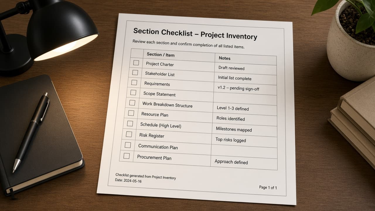 Todoist Section Checklist from Project Inventory (No Invented Completion Rates)