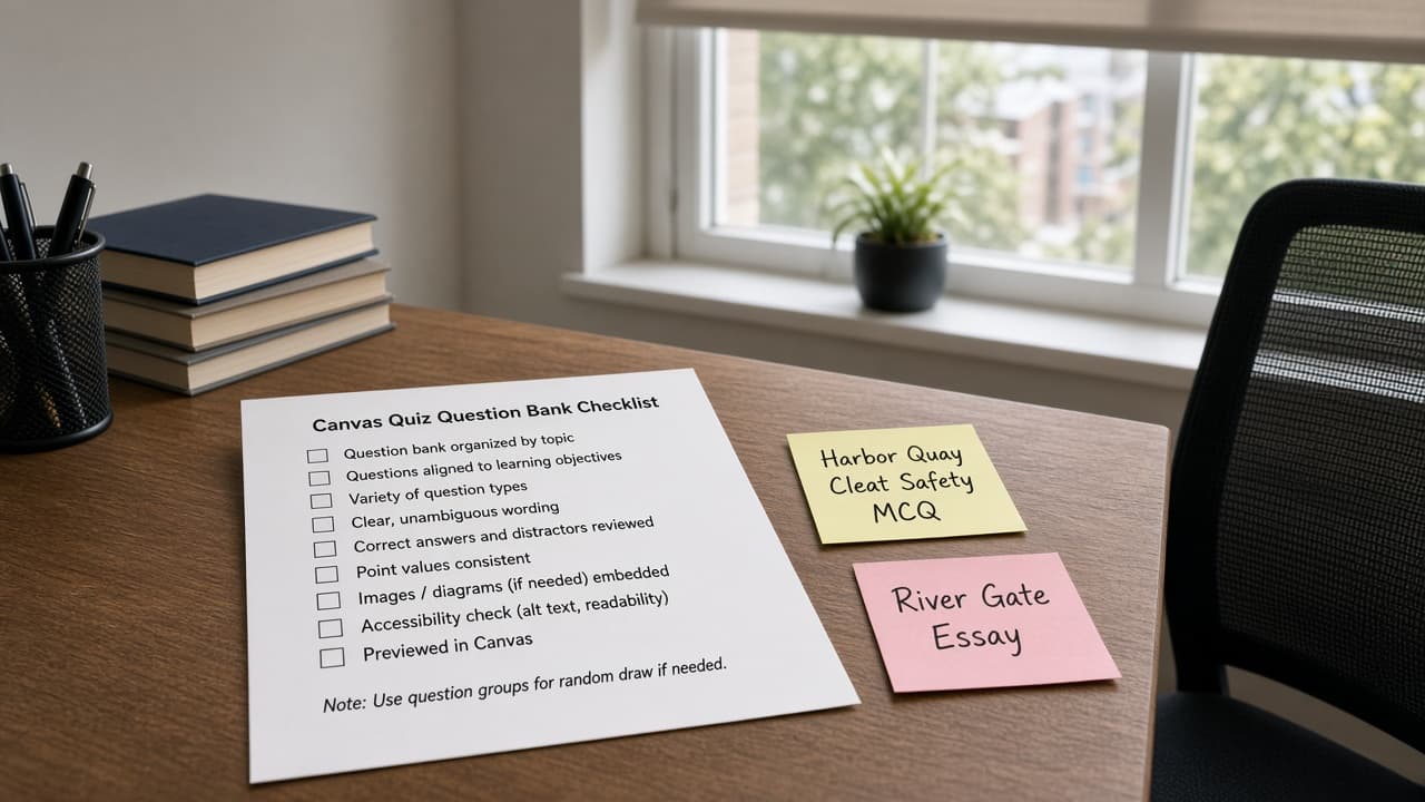 Canvas Quiz Question Bank Checklist from Course Inventory (No Invented Score Distributions) with example still
