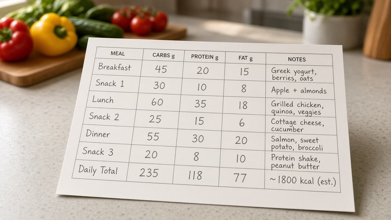 Carb Manager Meal Macro Matrix from Food Log Inventory (No Invented RDA Percent) with example still
