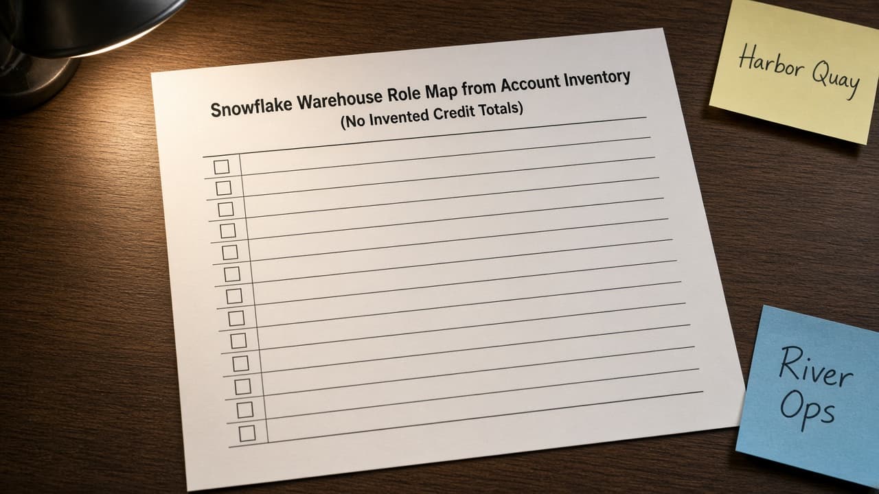 Snowflake Warehouse Role Map from Account Inventory (No Invented Credit Totals)