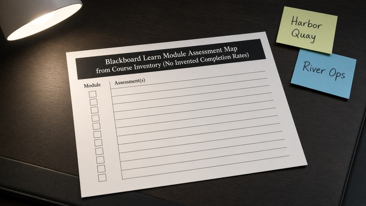 Blackboard Learn Module Assessment Map from Course Inventory (No Invented Completion Rates)