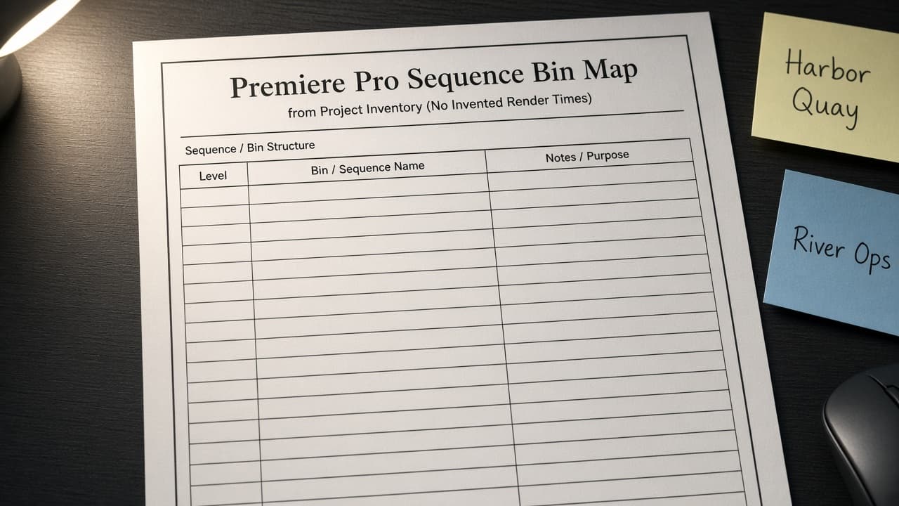 Premiere Pro Sequence Bin Map from Project Inventory (No Invented Render Times)
