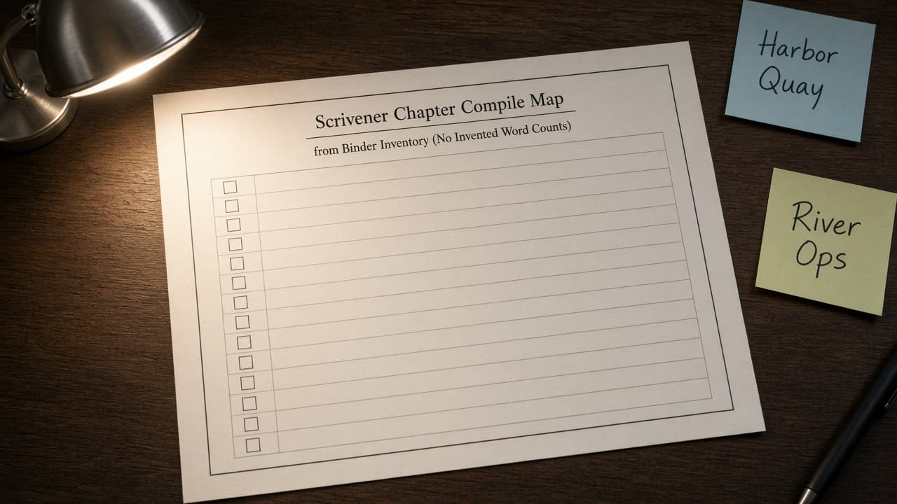 Scrivener Chapter Compile Map from Binder Inventory (No Invented Word Counts)