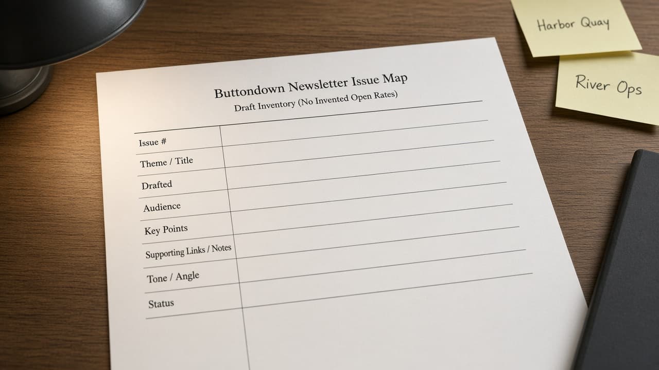Buttondown Newsletter Issue Map from Draft Inventory (No Invented Open Rates)