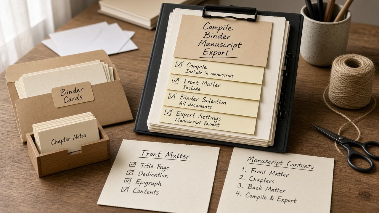 Scrivener Compile Binder Manuscript Export Checklist from Binder Notes (No Invented Word Counts)
