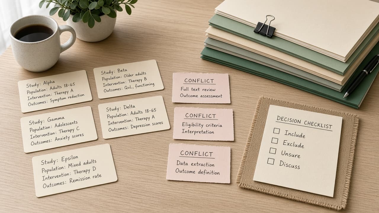 Covidence Full-Text Conflict Checklist from Review Notes (No Invented Inclusion Counts)