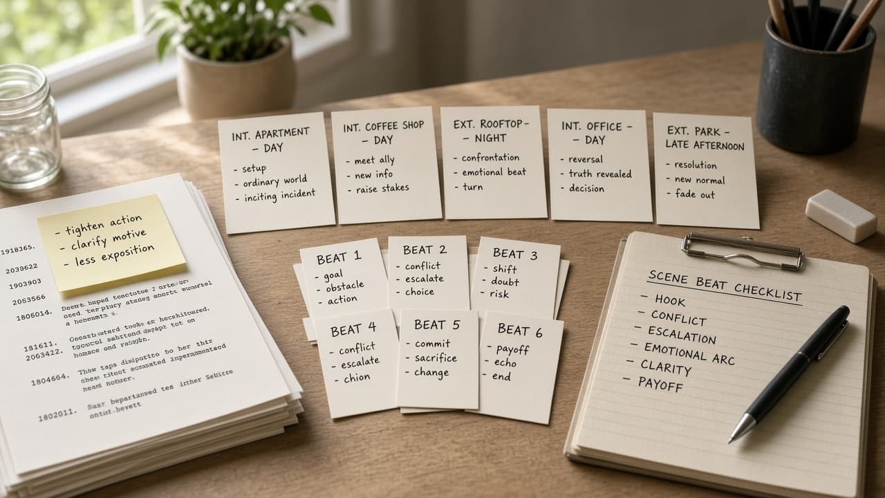 Fade In Scene Beat Checklist from Script Notes (No Invented Page Counts)