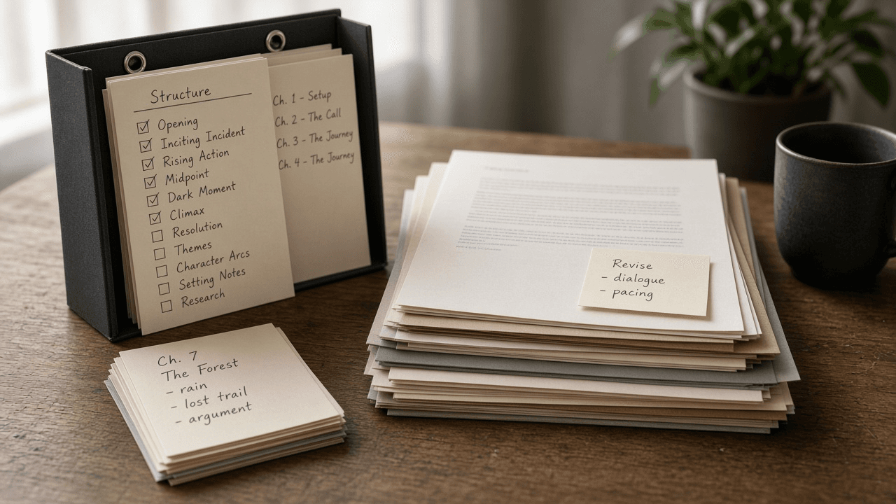 Scrivener Binder Chapter Folder Checklist from Manuscript Notes (No Invented Word Counts)