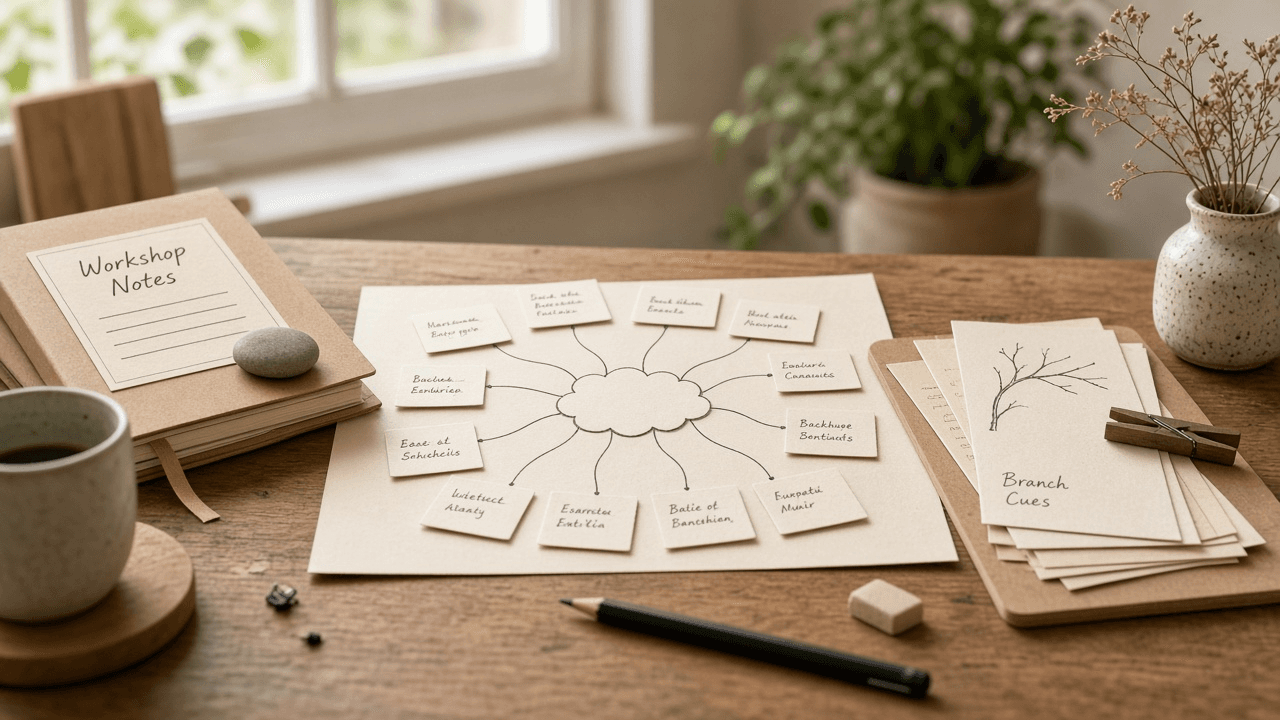 Whimsical Mind Map Node Checklist from Workshop Notes (No Invented Shape Counts)