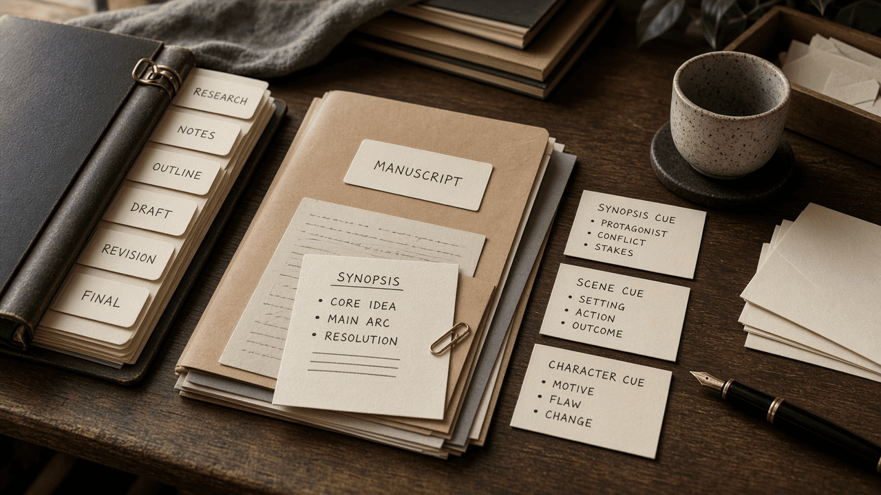 Scrivener Binder Section Label Checklist from Manuscript Notes (No Invented Word Counts)