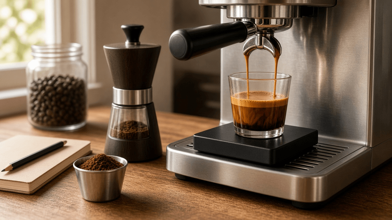 Home Espresso Dial-In Coach: Dose, Yield and Brew Ratio, Shot Time, One Variable Grind Changes by Taste, Puck Prep, and a Shot Log for a New Bag of Beans