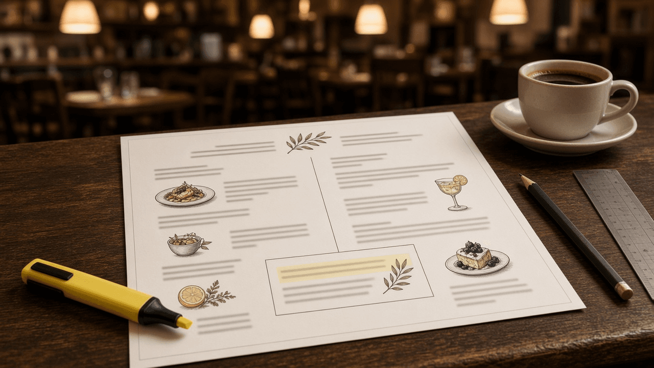 Restaurant Menu Engineering and Layout Designer: Menu Mix and Contribution Margin Classification into Stars, Plowhorses, Puzzles, and Dogs, Placement Zones, Callout Boxes, Price Formatting, Description Length, and a Print Redesign Spec