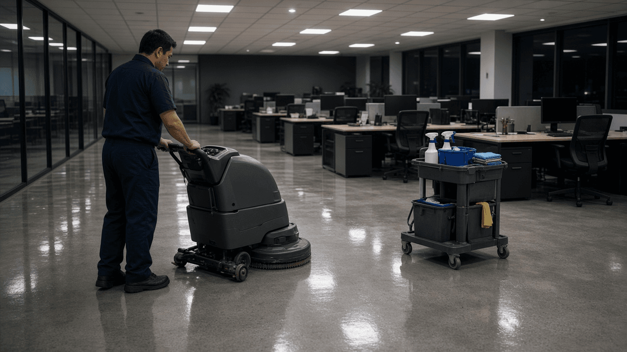 Commercial Janitorial Cleaning Bid Builder: Walkthrough Sheet, Square Footage by Area Type, Production Rates per Task, Cleaning Frequencies, Labor Hours, Wage Plus Burden, Supplies, Overhead and Margin, and Monthly Price Proposal