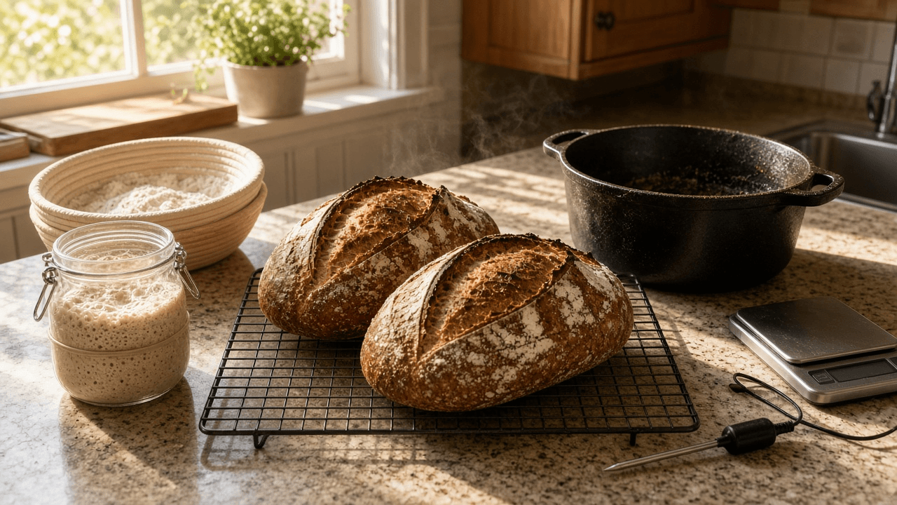 Sourdough Bake Schedule Planner for Home Bakers: Starter Readiness Check, Levain Build Ratio, Baker's Percentage Formula with Total Hydration, Desired Dough Temperature Water Math, Bulk and Cold Retard Timeline, and Bake Steps