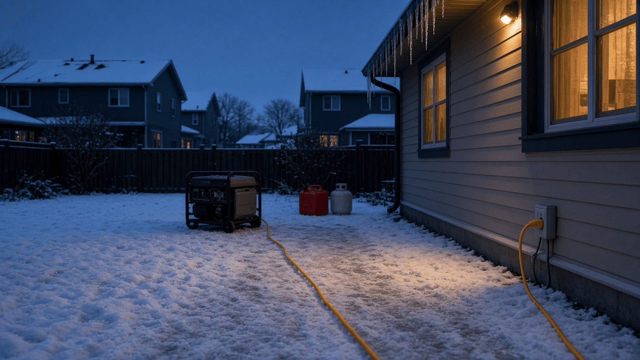 Portable Generator Home Backup Planner: Running vs Starting Watts Load Table, Motor Start Staging, Interlock Kit or Transfer Switch With an Inlet Box, No Backfeeding, Carbon Monoxide Placement, Fuel Math, and an Outage Runbook