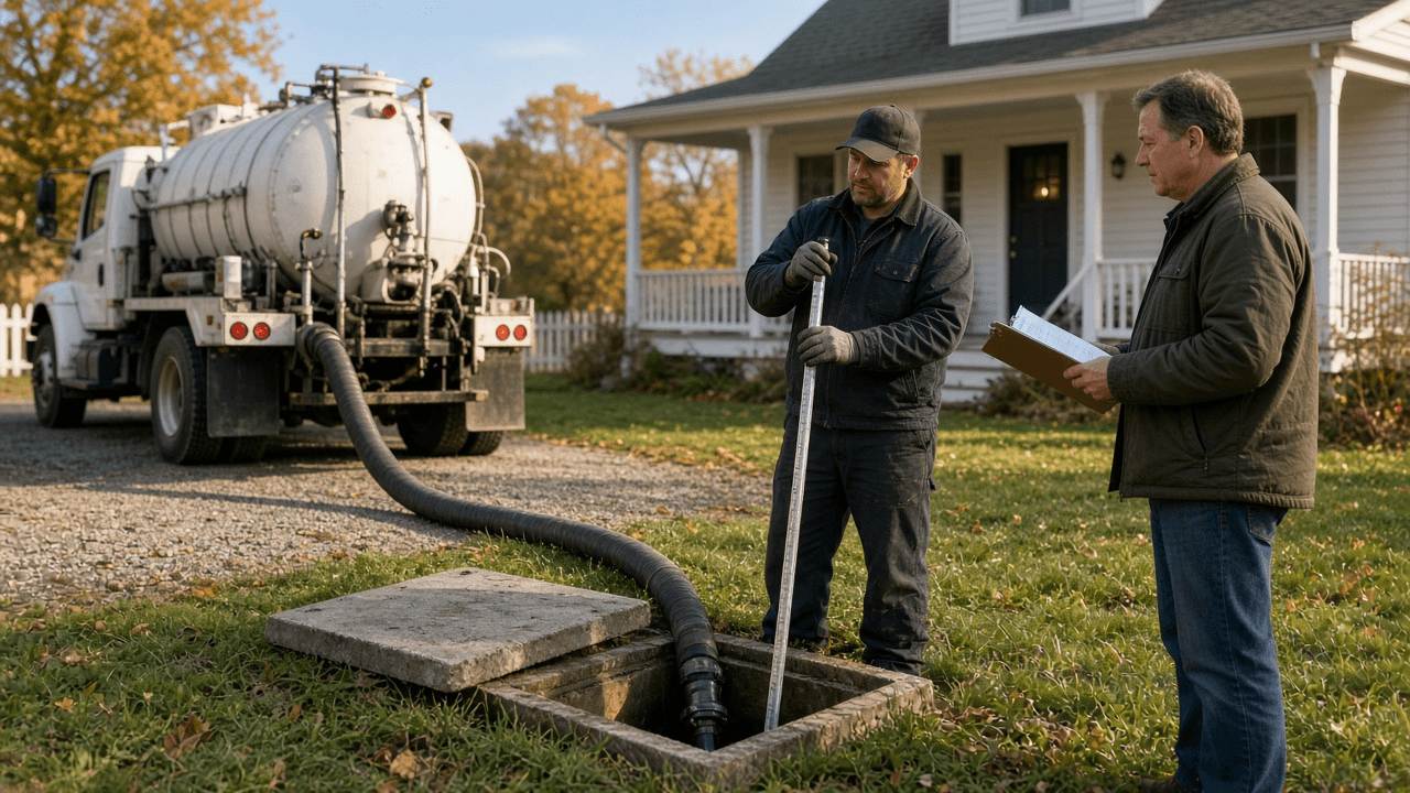 Septic System Maintenance Plan for Homeowners: Pumping Interval from Tank Size and Household, Pumper Visit Checklist with Sludge and Scum Measurements, Drain Field Protection, What Not to Flush, Failure Warning Signs, and a Records Binder