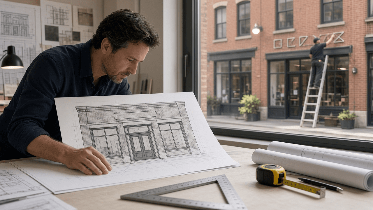 Storefront Sign Permit Drawing Package Planner: Frontage Based Sign Area Allowance, Box Method Area Math, Elevation and Site Plan Sheets, Illumination and Electrical Listing Notes, Mounting Detail, and Landlord Sign Criteria Check