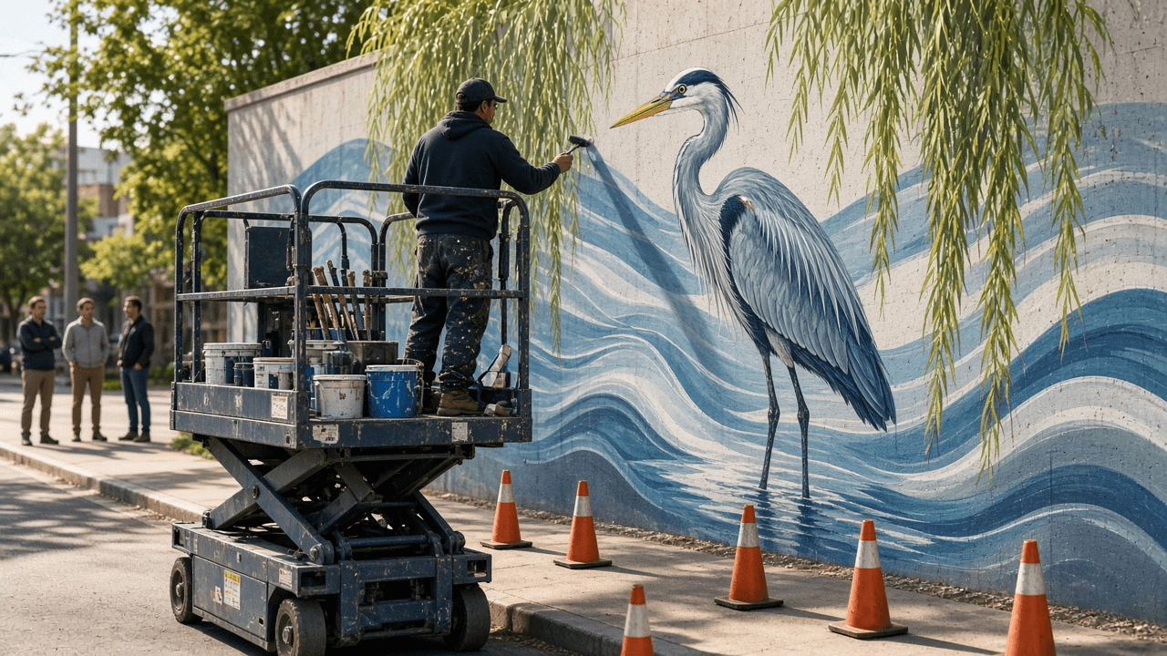 Public Mural Design Proposal Builder for Arts Commission Calls: Wall Survey and Substrate Prep, Concept and Community Input, Palette and Paint System, Anti-Graffiti Coating, Lift Schedule, Budget, and Maintenance Plan