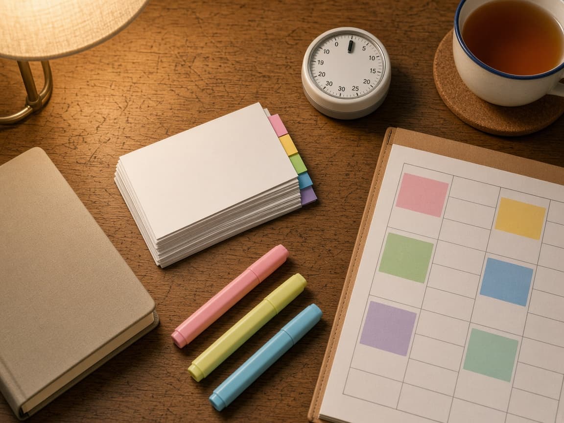 Exam Prep Prompt: Color-Coded Revision Timetable and Cards