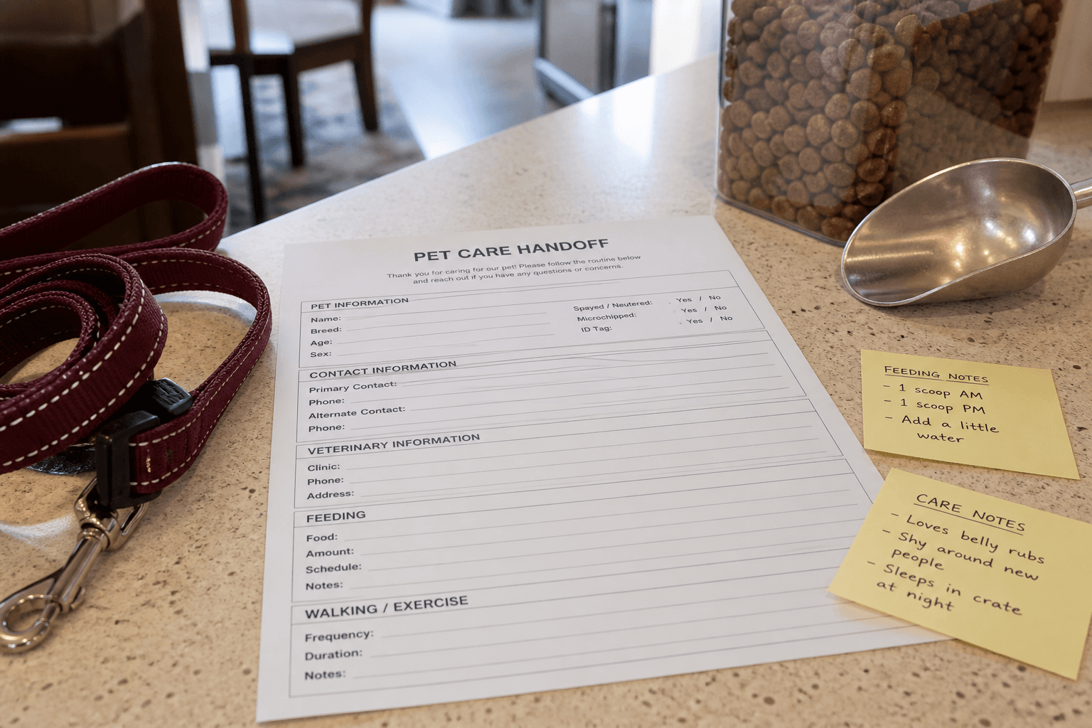 Pet Sitter Handoff Sheet from Care Notes (Not Veterinary Advice)