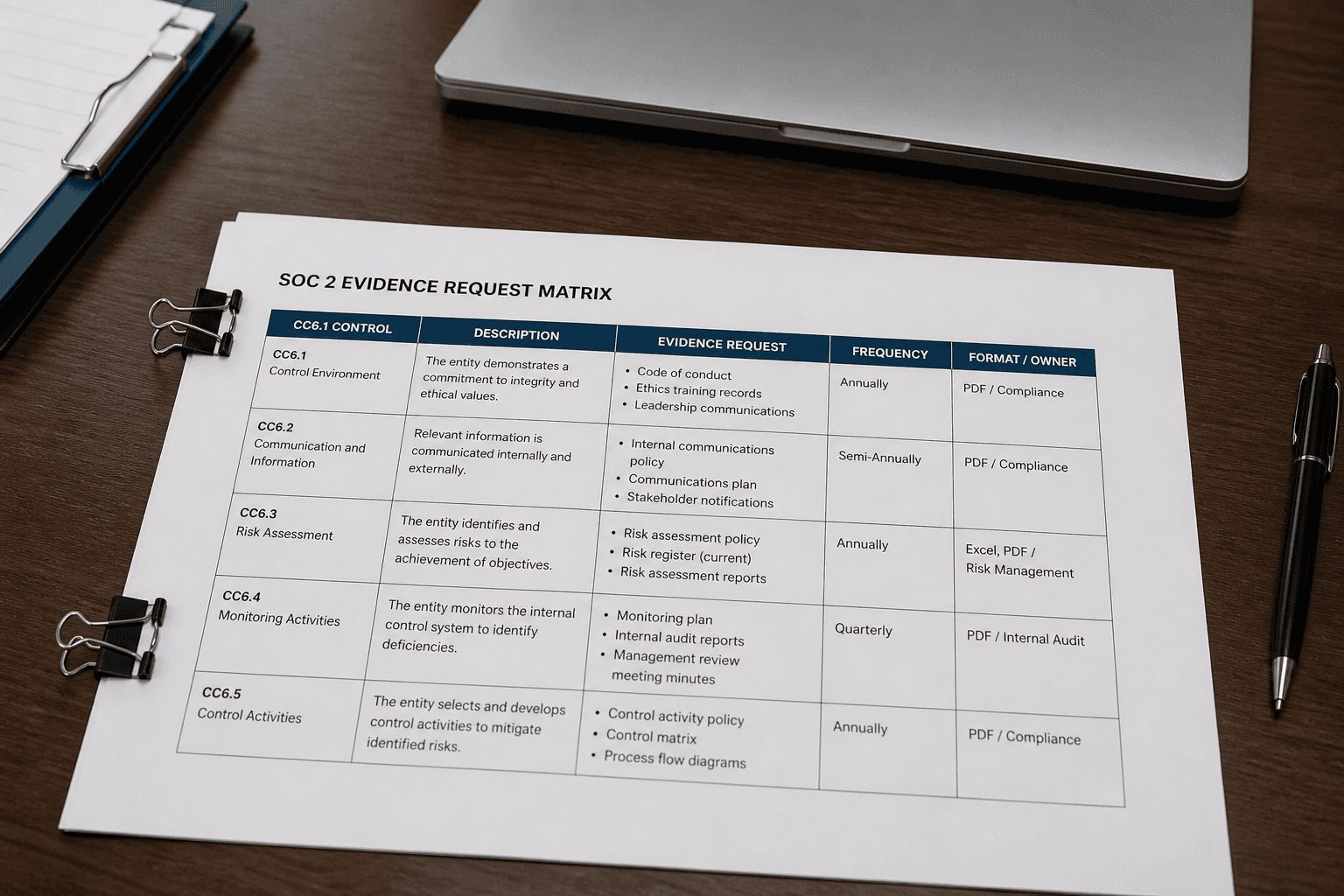 SOC 2 Type II Evidence Request Matrix from Control Inventory (Not Audit Opinion)