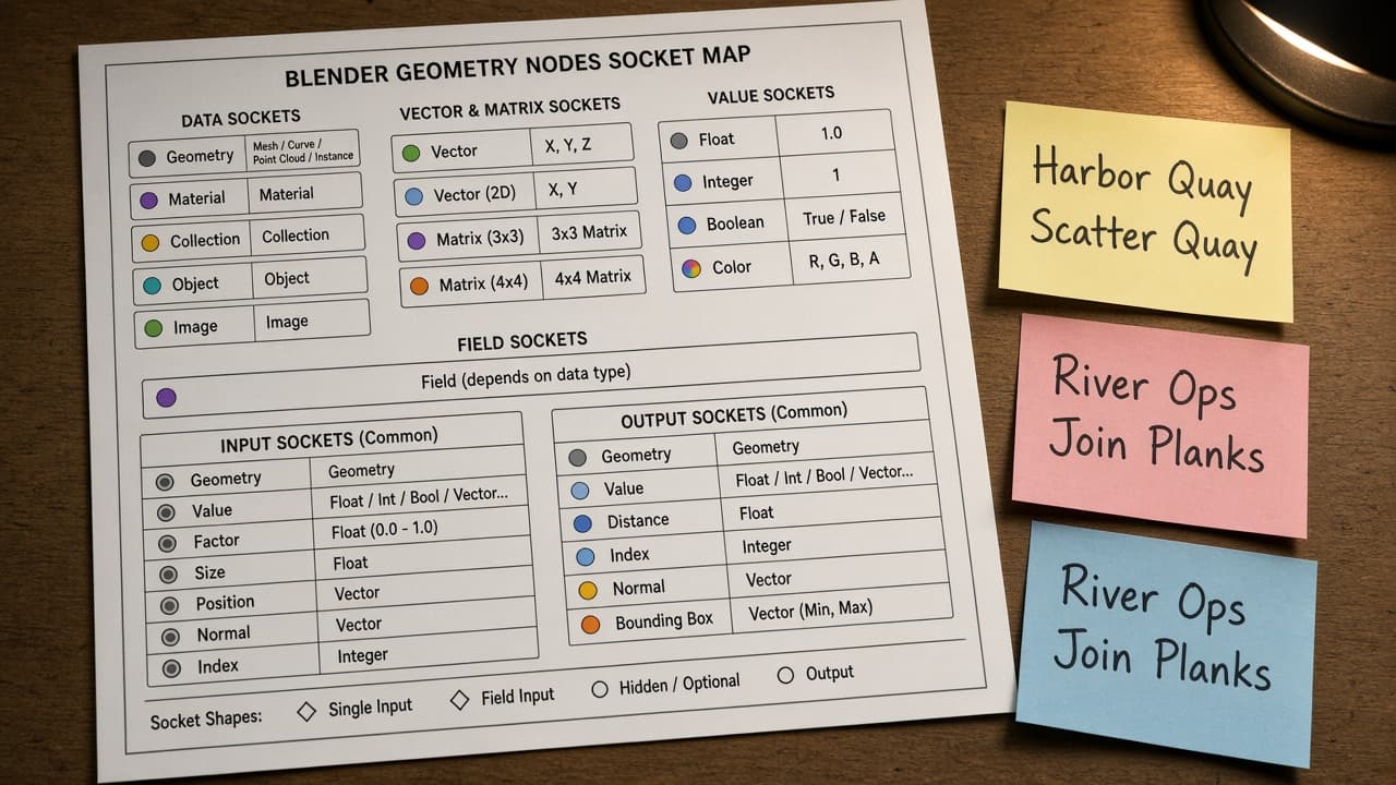 Blender Geometry Nodes Socket Map from Node Group Inventory (No Invented Frame Counts)