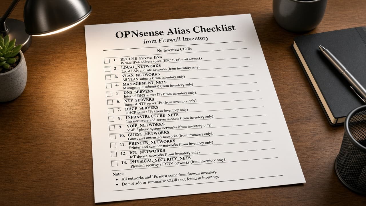 OPNsense Alias Checklist from Firewall Inventory (No Invented CIDRs)
