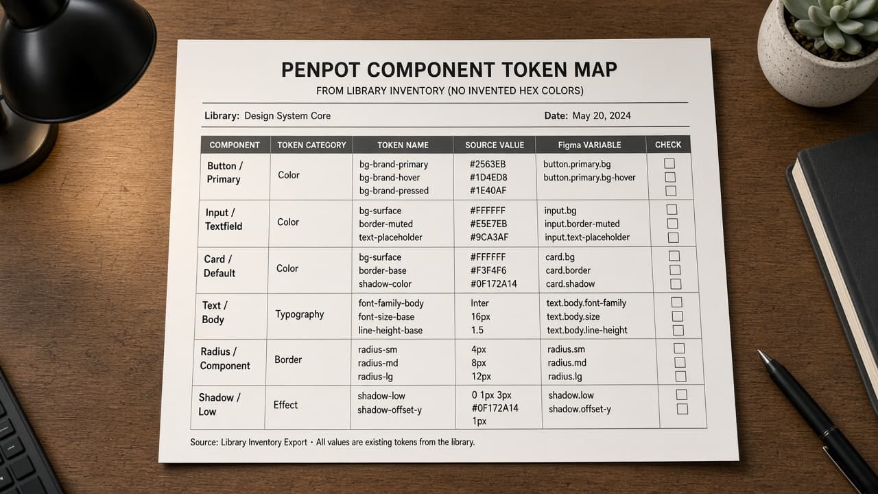Penpot Component Token Map from Library Inventory (No Invented Hex Colors)