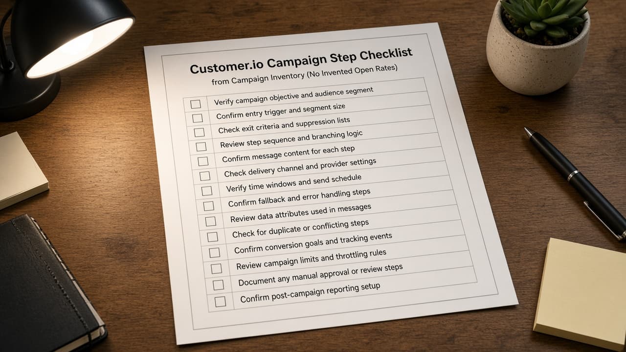Customer.io Campaign Step Checklist from Campaign Inventory (No Invented Open Rates)