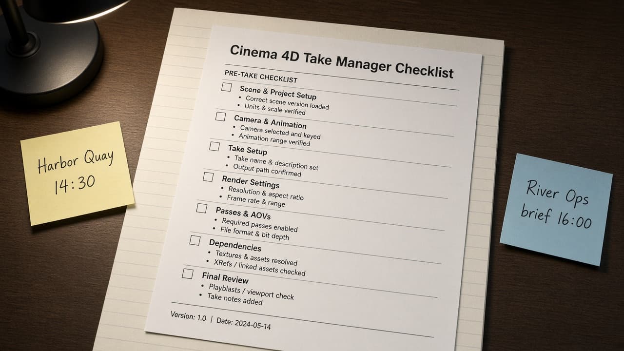 Cinema 4D Take Manager Map from Scene Inventory (No Invented Render Seconds)