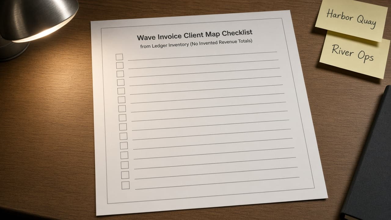 Wave Invoice Client Map from Ledger Inventory (No Invented Revenue Totals)