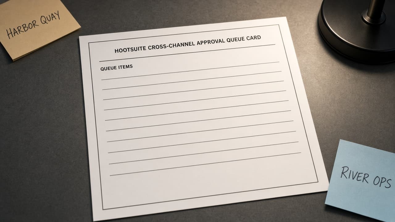Hootsuite Cross-Channel Approval Queue Card (No Invented Engagement Rates)