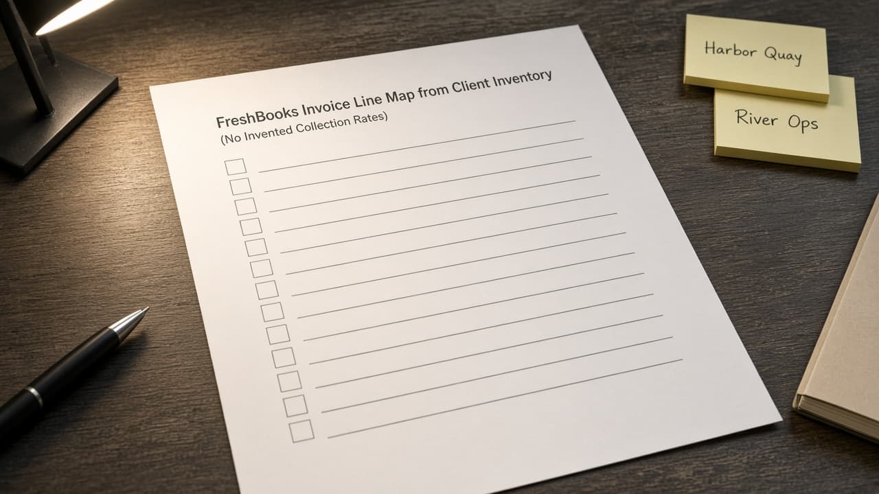 FreshBooks Invoice Line Map from Client Inventory (No Invented Collection Rates)