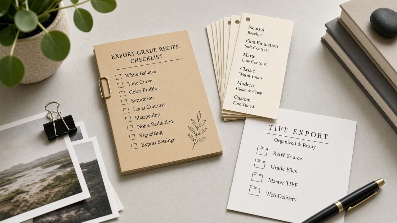 RawTherapee Export Grade Recipe Checklist from Session Notes (No Invented Pixel Totals)