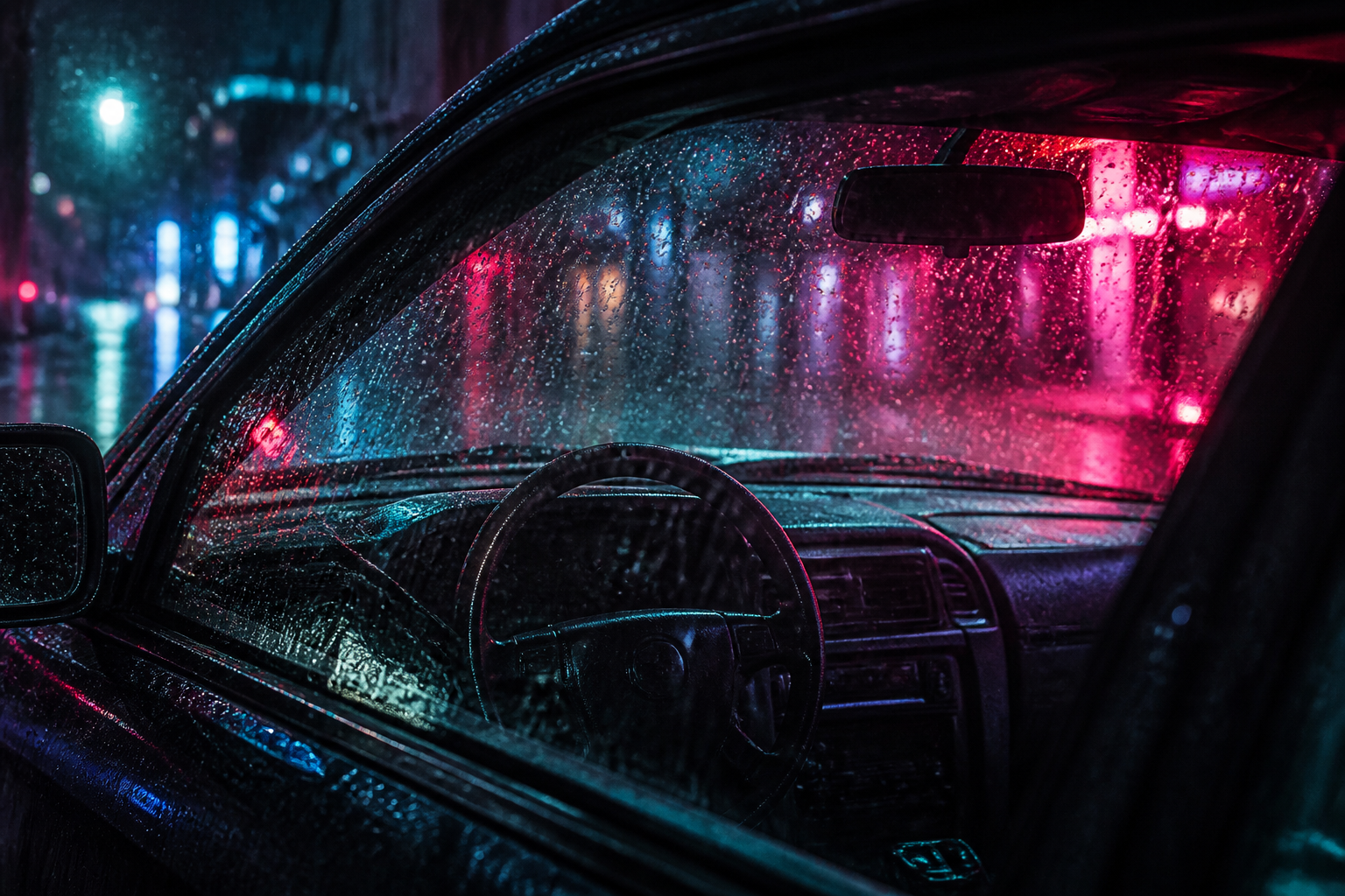 Neo-Noir Rain-Window Car Portrait Compiler 9:16 from a Lighting Brief with example still - Result