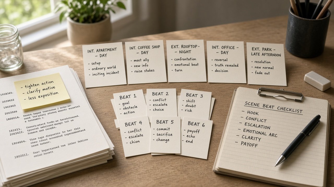 Fade In Scene Beat Checklist from Script Notes (No Invented Page Counts) - Result