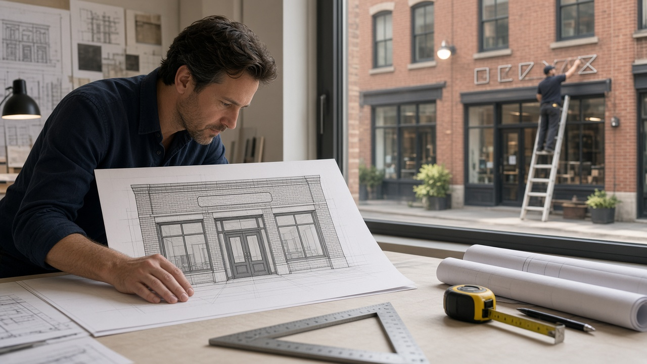 Storefront Sign Permit Drawing Package Planner: Frontage Based Sign Area Allowance, Box Method Area Math, Elevation and Site Plan Sheets, Illumination and Electrical Listing Notes, Mounting Detail, and Landlord Sign Criteria Check - Result